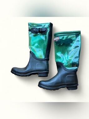 Hunter Black Foot with Clear Teal Vinyl Shaft Rain Boots